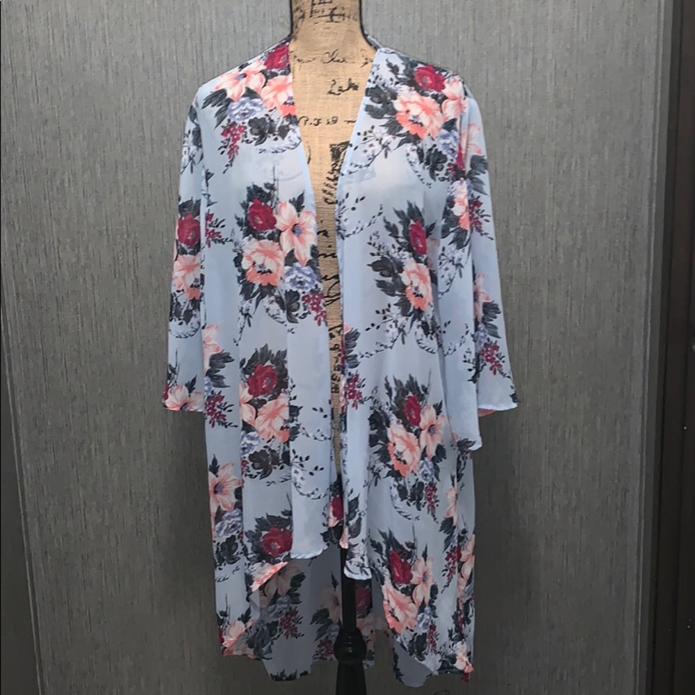 Always Indigo Floral Sheer high low Cardigan 2X